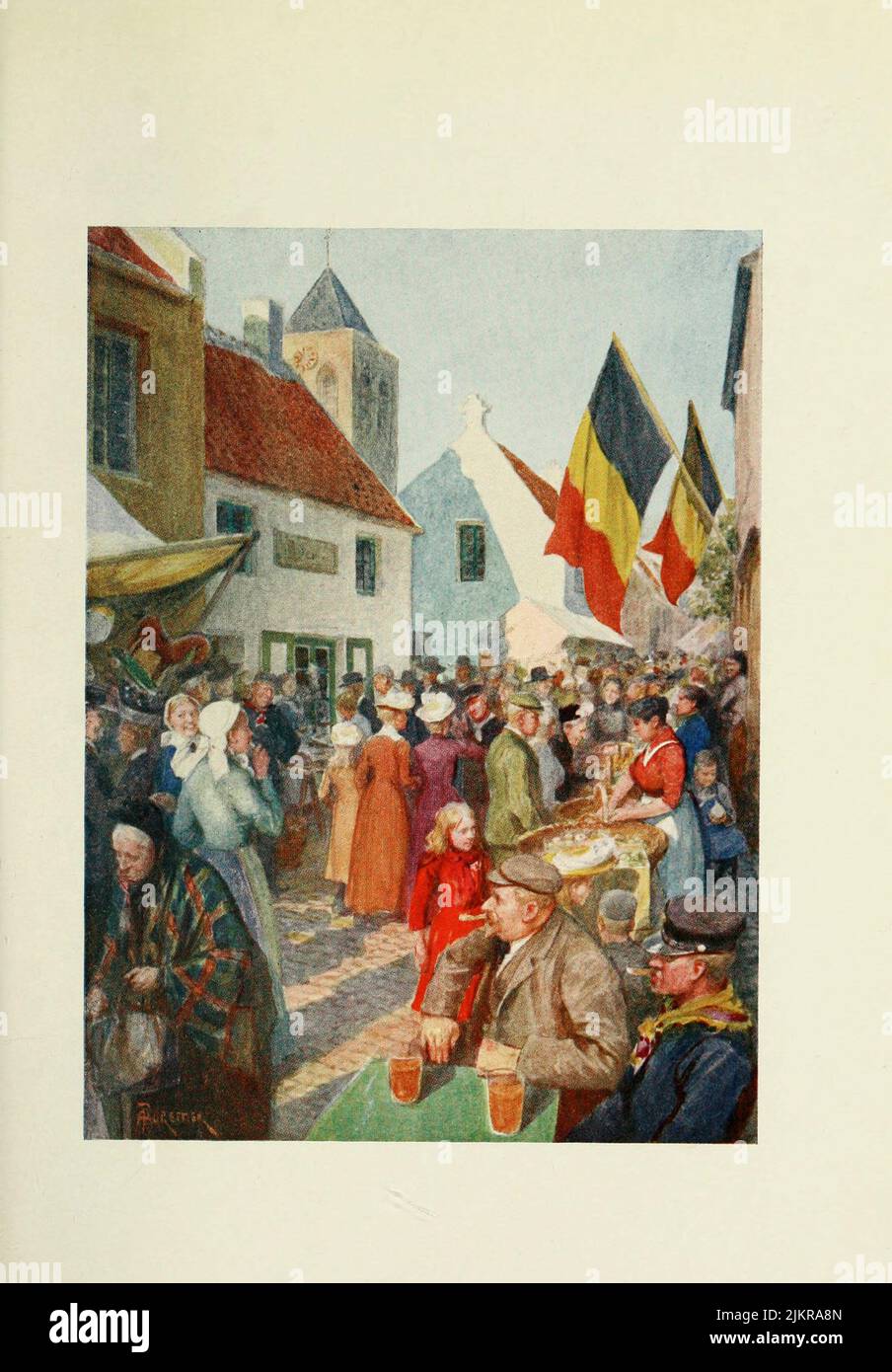 Adinkerque : At the Kermesse Painted by Amedee Forestier, from the book '  Bruges and West Flanders ' by George William Thomson Omond, Publication date 1906 Publisher London : A. & C. Black Sir Amédée Forestier (Paris 1854 – 18 November 1930 London) was an Anglo-French artist and illustrator who specialised in historical and prehistoric scenes, and landscapes. Stock Photo