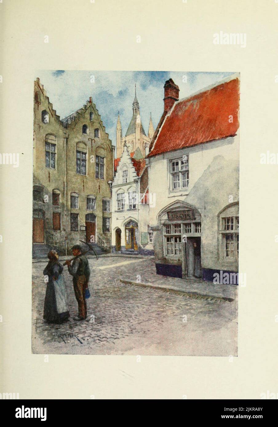 Ypres : Place du Musée (showing Top Part of the Belfry) Painted by Amedee Forestier, from the book '  Bruges and West Flanders ' by George William Thomson Omond, Publication date 1906 Publisher London : A. & C. Black Sir Amédée Forestier (Paris 1854 – 18 November 1930 London) was an Anglo-French artist and illustrator who specialised in historical and prehistoric scenes, and landscapes. Stock Photo
