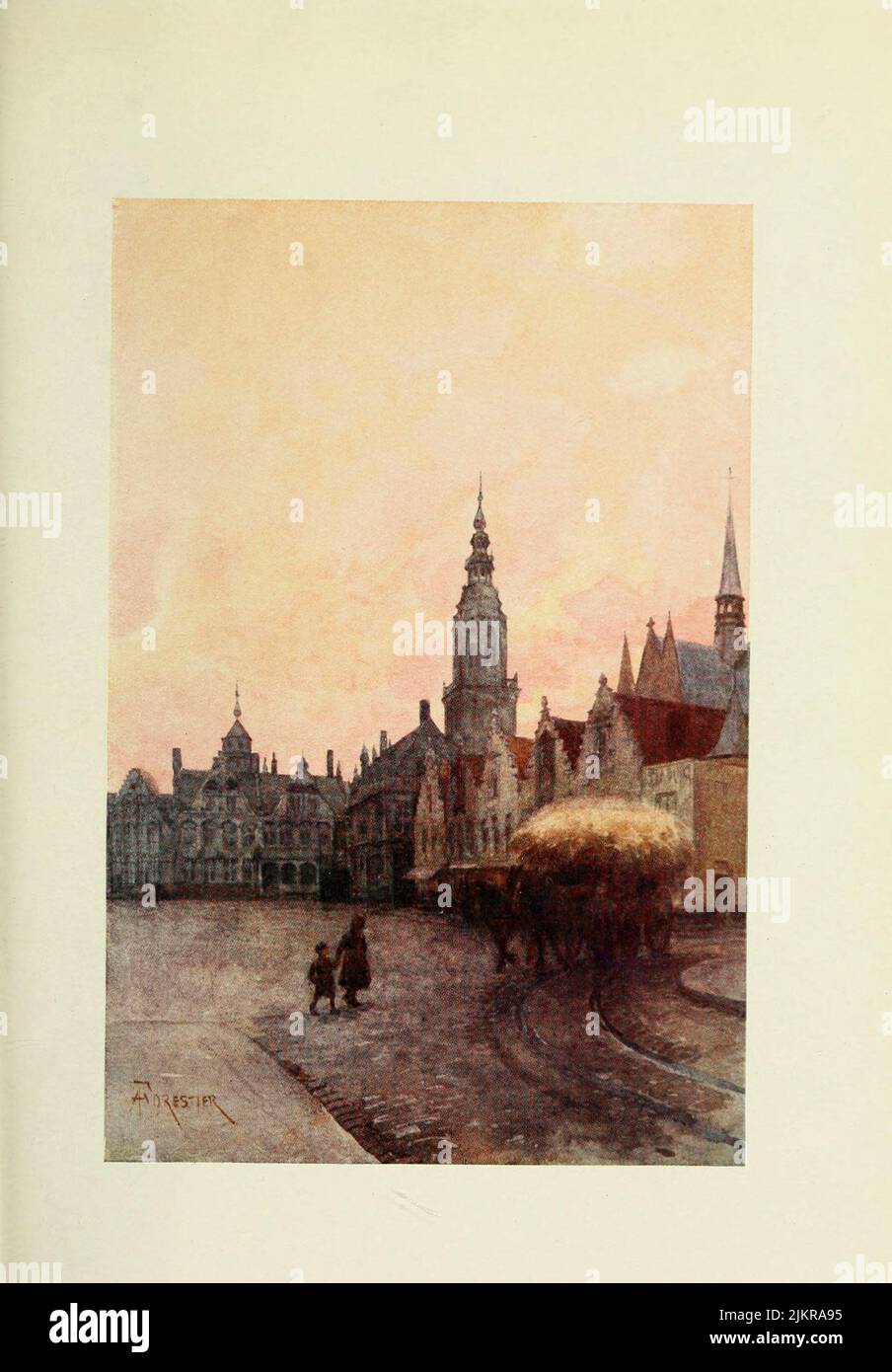 Furnes : Grand' Place and Belfry Painted by Amedee Forestier, from the book '  Bruges and West Flanders ' by George William Thomson Omond, Publication date 1906 Publisher London : A. & C. Black Sir Amédée Forestier (Paris 1854 – 18 November 1930 London) was an Anglo-French artist and illustrator who specialised in historical and prehistoric scenes, and landscapes. Stock Photo