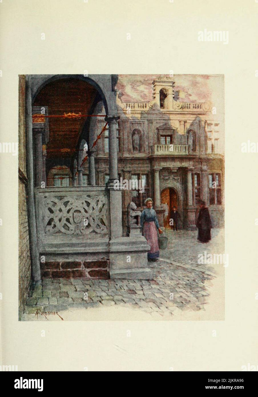 Furnes: Peristyle of Town Hall and Palais de Justice Painted by Amedee Forestier, from the book '  Bruges and West Flanders ' by George William Thomson Omond, Publication date 1906 Publisher London : A. & C. Black Sir Amédée Forestier (Paris 1854 – 18 November 1930 London) was an Anglo-French artist and illustrator who specialised in historical and prehistoric scenes, and landscapes. Stock Photo