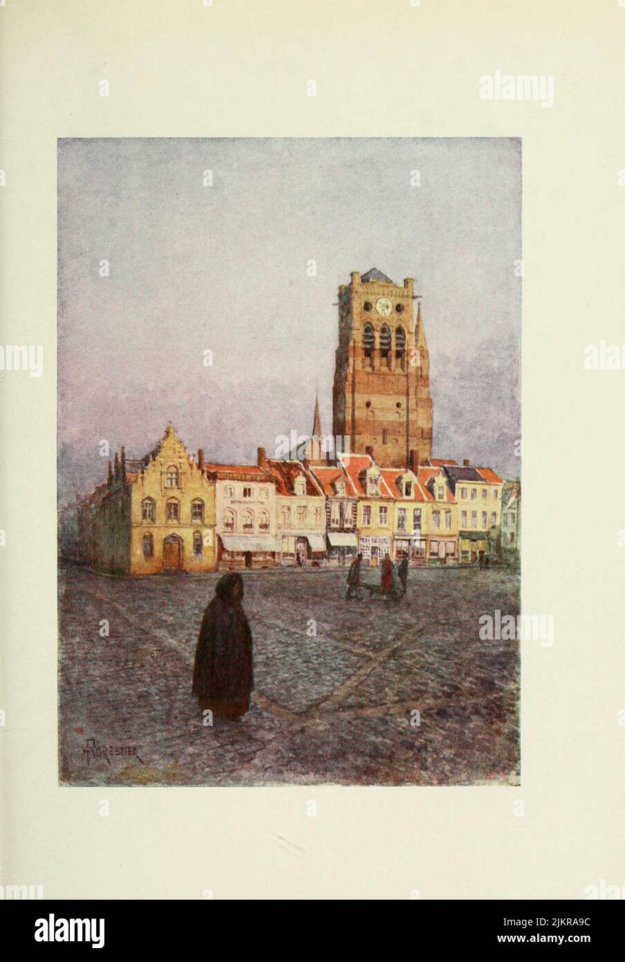 Furnes Tower of St. Nicholas Painted by Amedee Forestier, from the book '  Bruges and West Flanders ' by George William Thomson Omond, Publication date 1906 Publisher London : A. & C. Black Sir Amédée Forestier (Paris 1854 – 18 November 1930 London) was an Anglo-French artist and illustrator who specialised in historical and prehistoric scenes, and landscapes. Stock Photo