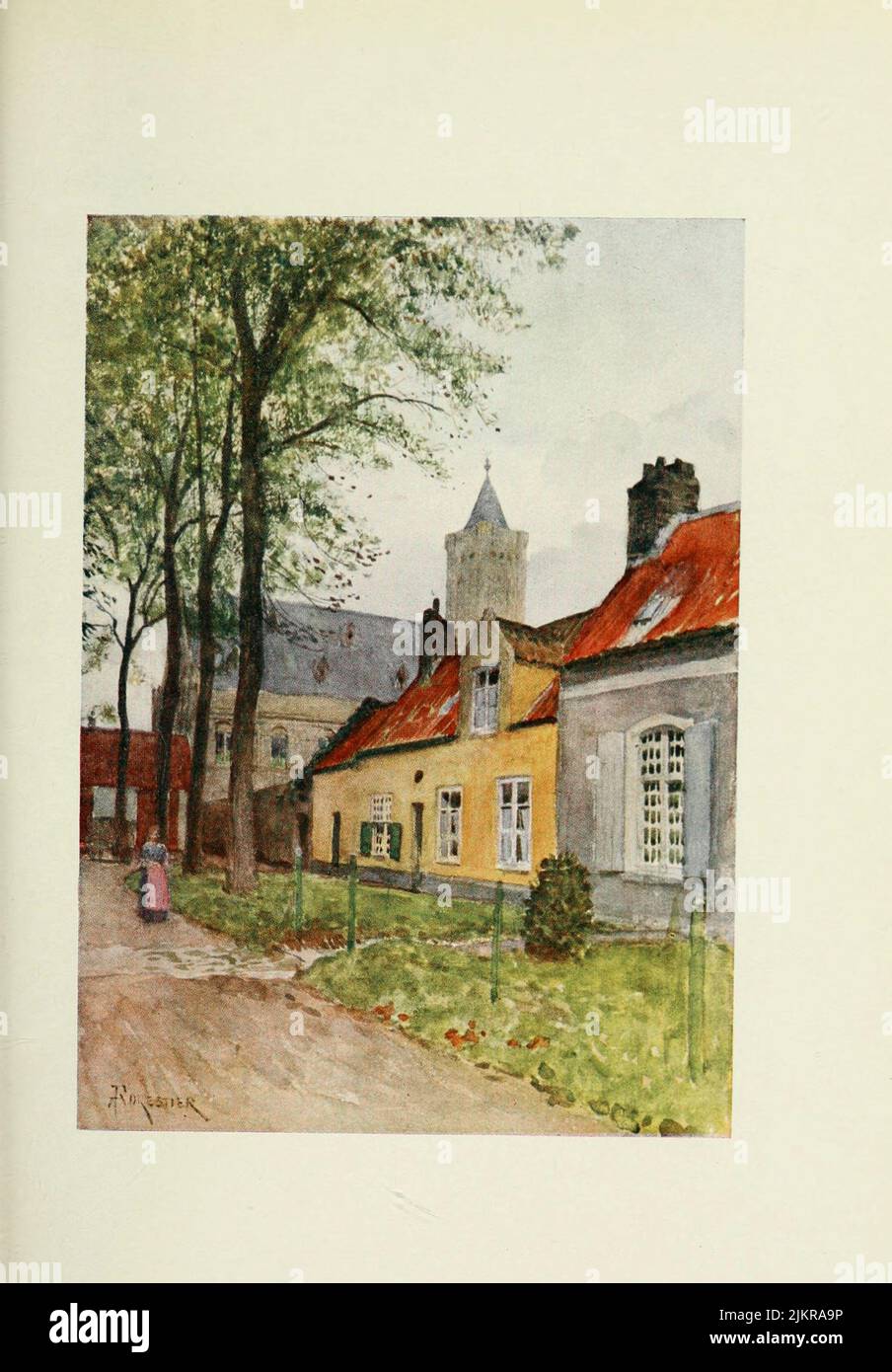 Nieuport Hall and Vicarage Painted by Amedee Forestier, from the book '  Bruges and West Flanders ' by George William Thomson Omond, Publication date 1906 Publisher London : A. & C. Black Sir Amédée Forestier (Paris 1854 – 18 November 1930 London) was an Anglo-French artist and illustrator who specialised in historical and prehistoric scenes, and landscapes. Stock Photo
