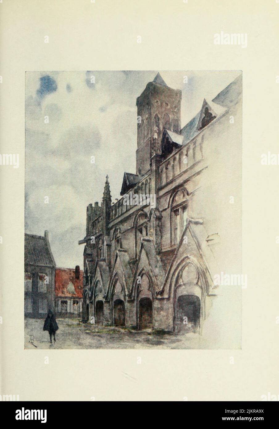 Nieuport The Town Hall Painted by Amedee Forestier, from the book '  Bruges and West Flanders ' by George William Thomson Omond, Publication date 1906 Publisher London : A. & C. Black Sir Amédée Forestier (Paris 1854 – 18 November 1930 London) was an Anglo-French artist and illustrator who specialised in historical and prehistoric scenes, and landscapes. Stock Photo