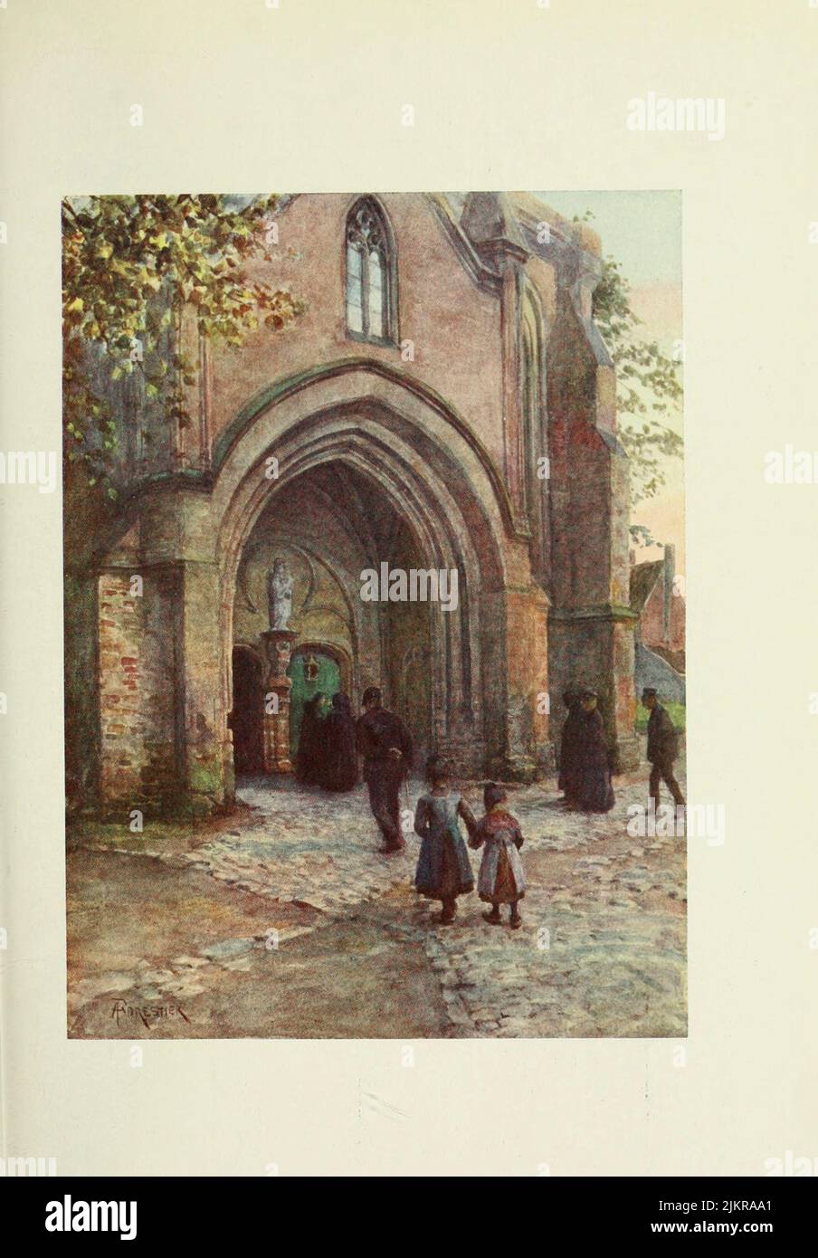Nieuport Church Porch (Evensong) Painted by Amedee Forestier, from the book '  Bruges and West Flanders ' by George William Thomson Omond, Publication date 1906 Publisher London : A. & C. Black Sir Amédée Forestier (Paris 1854 – 18 November 1930 London) was an Anglo-French artist and illustrator who specialised in historical and prehistoric scenes, and landscapes. Stock Photo