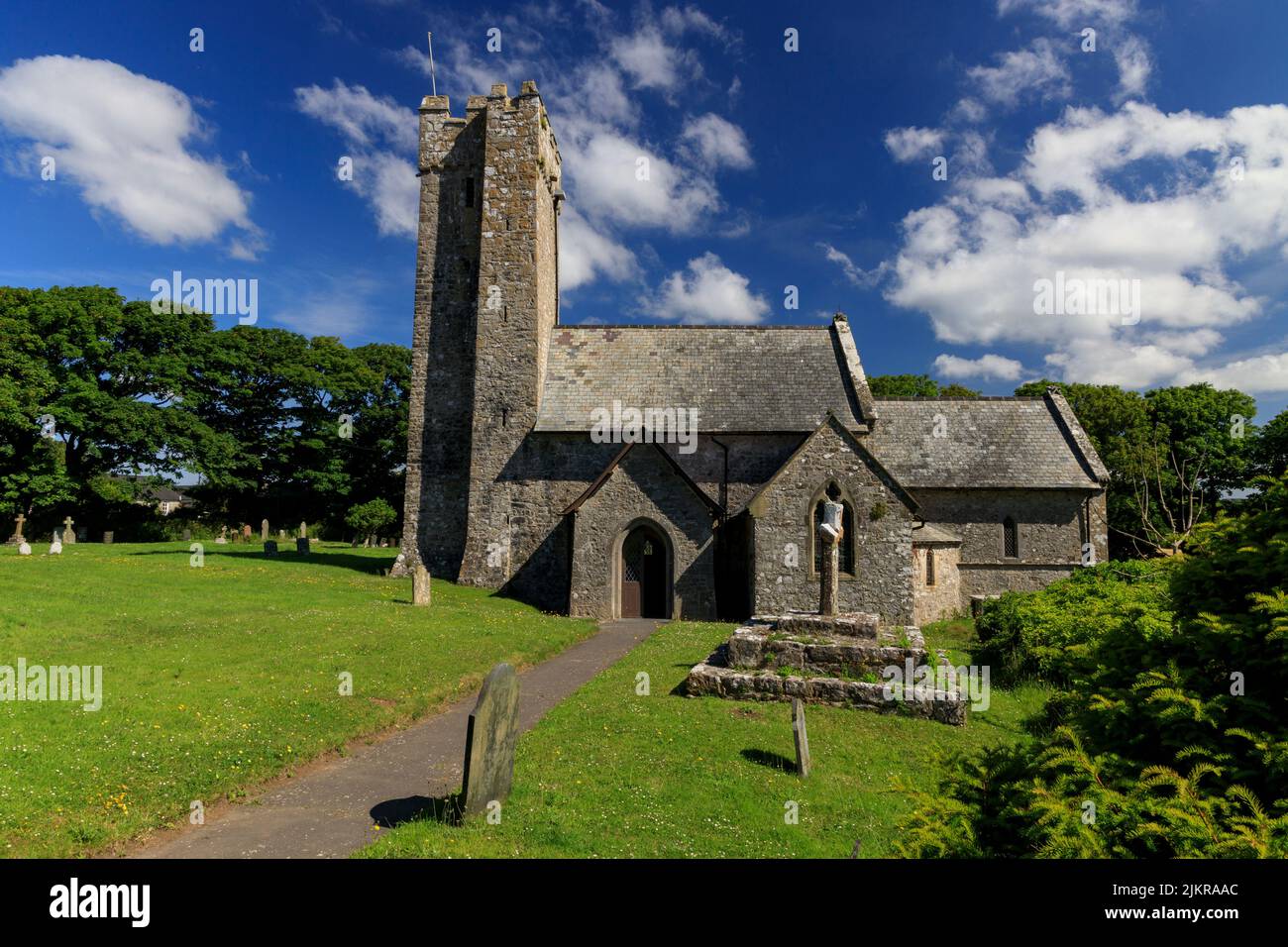The late 13th century church of St Michael and All Angels in Bosherston has distinctive Norman architecture, Pembrokeshire, Wales, UK Stock Photo