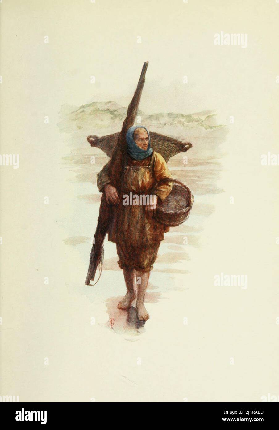 Coxyde A Shrimper Painted by Amedee Forestier, from the book '  Bruges and West Flanders ' by George William Thomson Omond, Publication date 1906 Publisher London : A. & C. Black Sir Amédée Forestier (Paris 1854 – 18 November 1930 London) was an Anglo-French artist and illustrator who specialised in historical and prehistoric scenes, and landscapes. Stock Photo