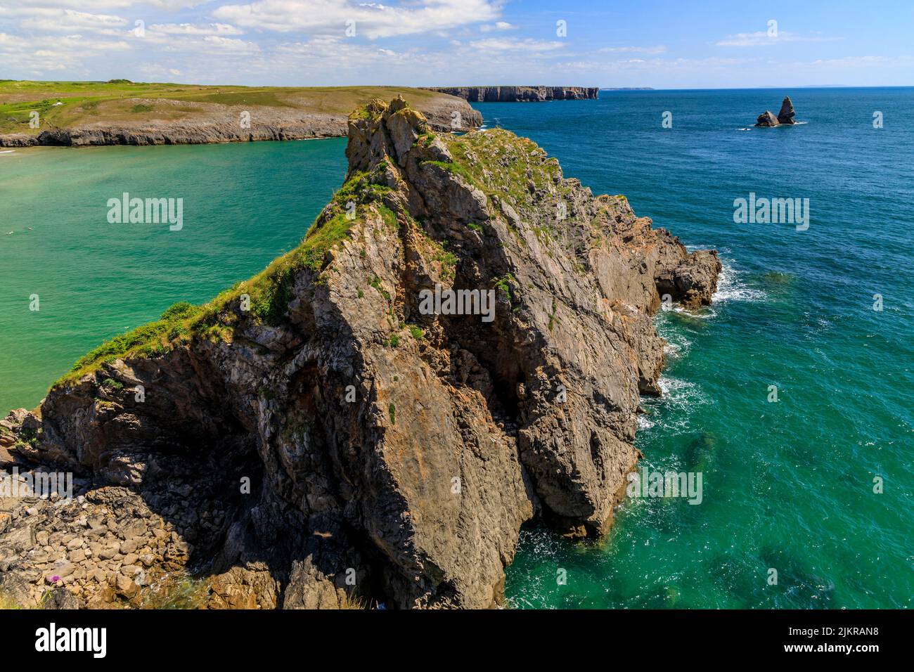 Star Rock (L) and Church Rock (R) sit at the mouth of Broadhaven beach, Pembrokeshire, Wales, UK Stock Photo
