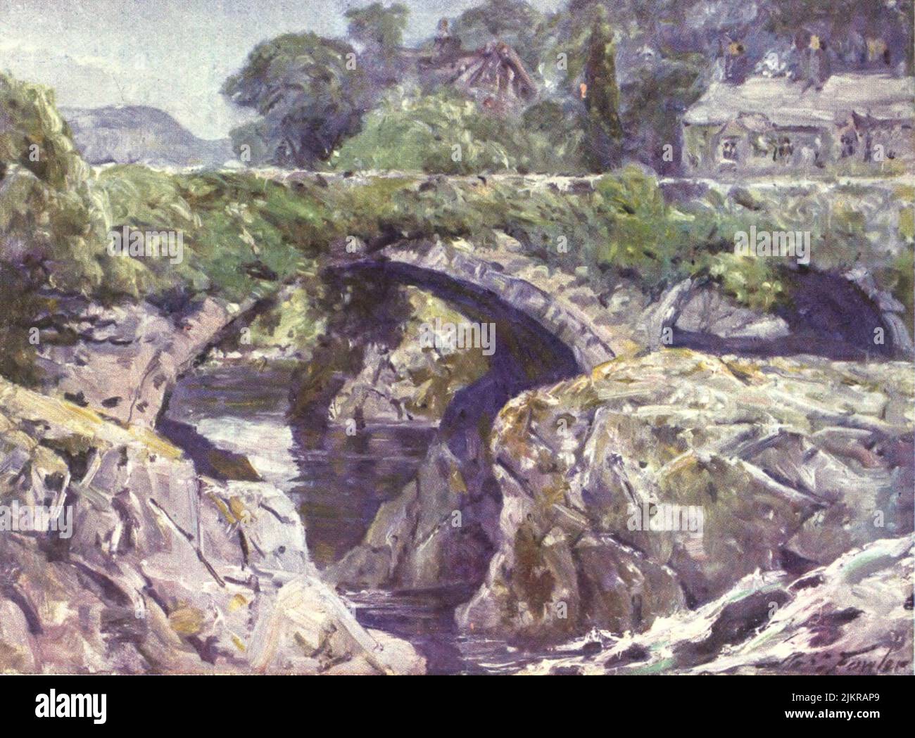 The Old Bridge, Bettws-y-Coed watercolour painting by Robert Fowler from the book ' BEAUTIFUL WALES ' Described by Edward Thomas Publication date 1905 Publisher London, A. & C. Black Stock Photo