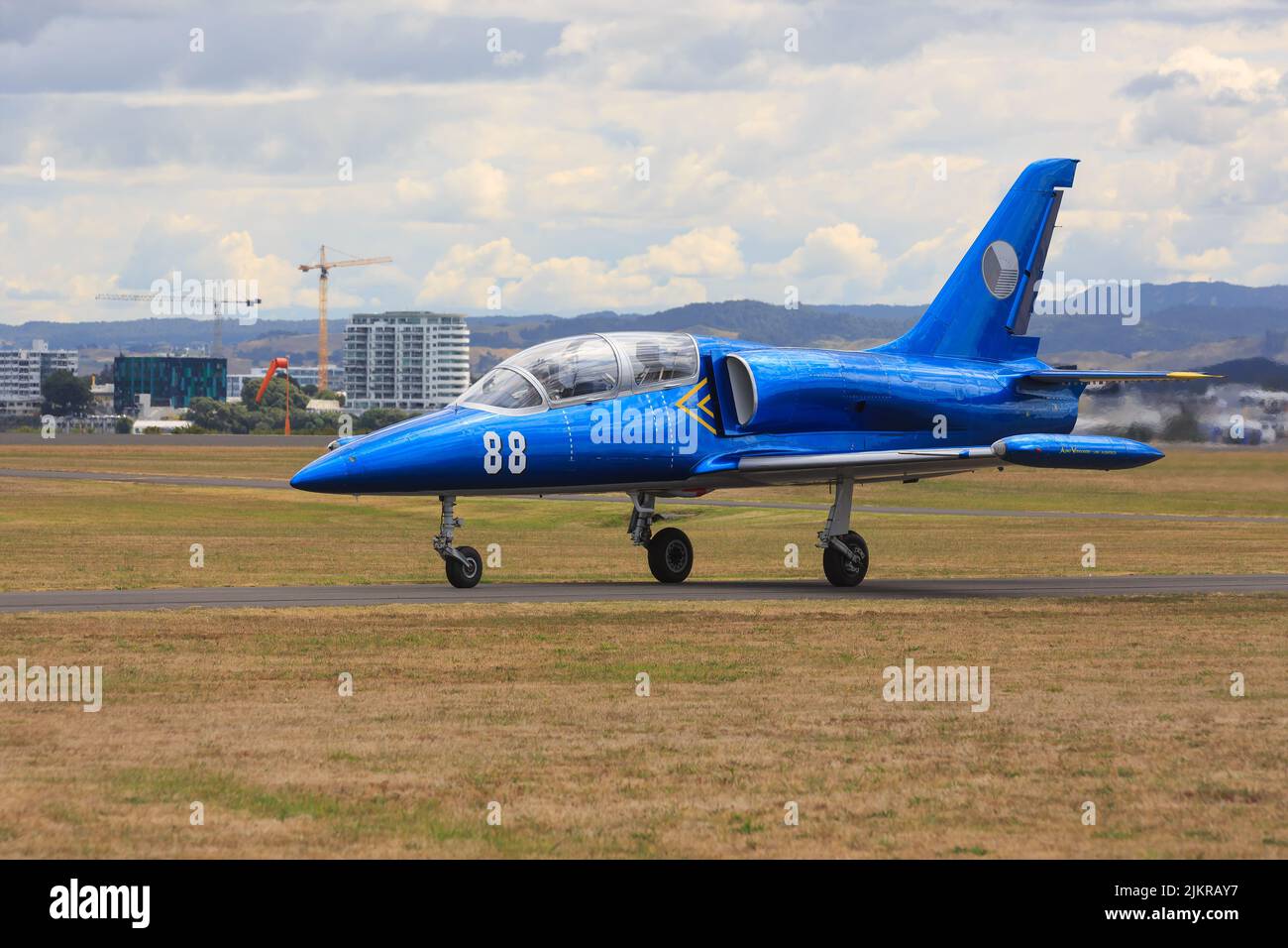 An Aero L-39 Albatros, a high-performance jet trainer aircraft made in Czechoslovakia, on a runway Stock Photo
