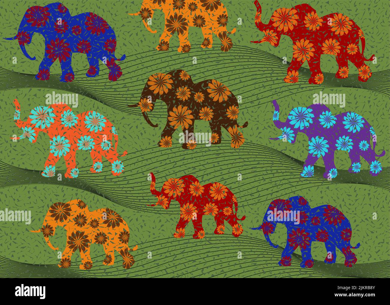African or Thai Print fabric, Ethnic elephants handmade ornament for your design, colorful Afro flowers tribal motifs, wave geometric elements. Vector Stock Vector