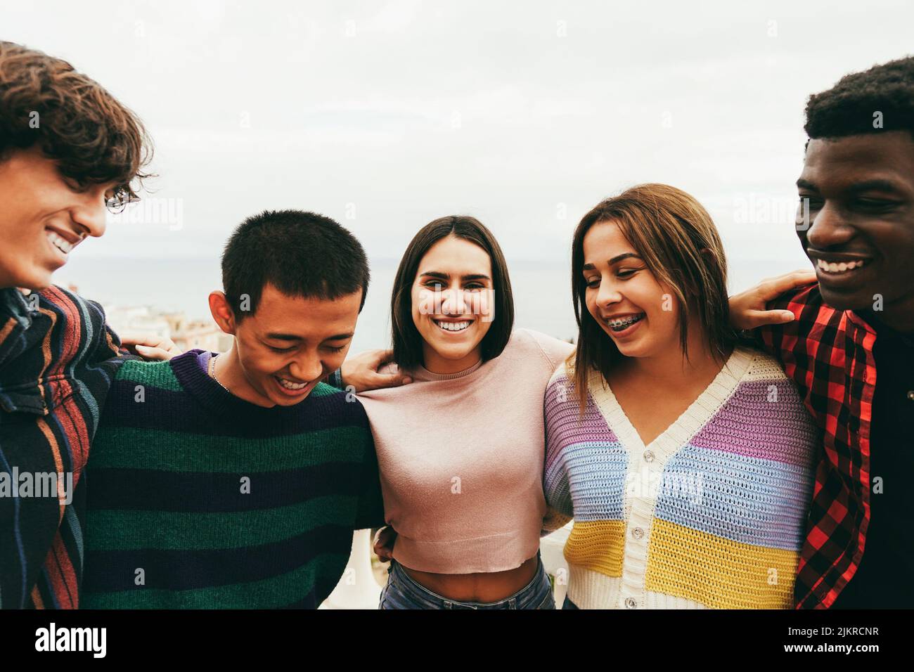 Portrait of multiracial friends having fun smiling on camera outdoor ...