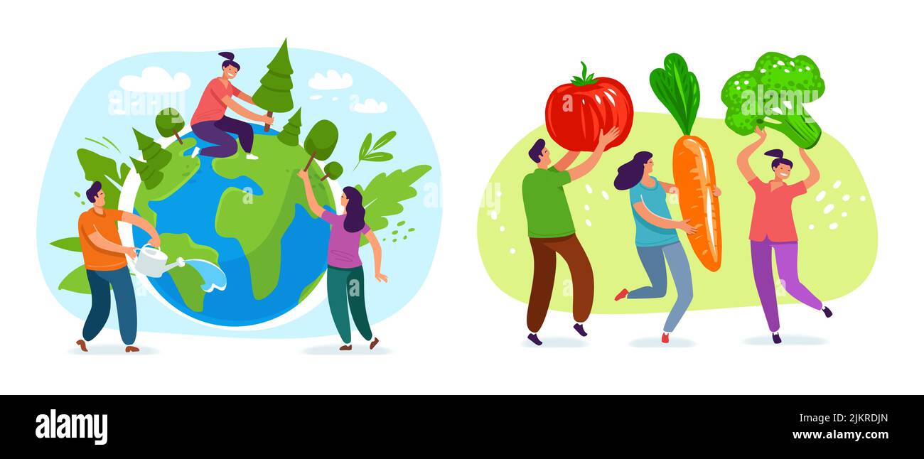 Ecology and environmental protection illustrations set. People and nature, organic food concept. Flat vector Stock Vector