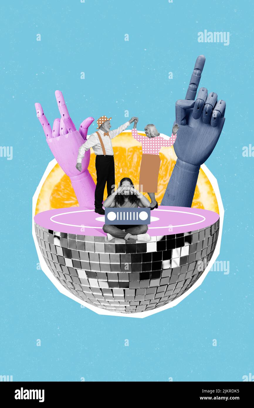 Vertical art collage of dancing rock-and-roll grandparents couple have fun 70s 80s party disco ball dj isolated on pastel blue background Stock Photo