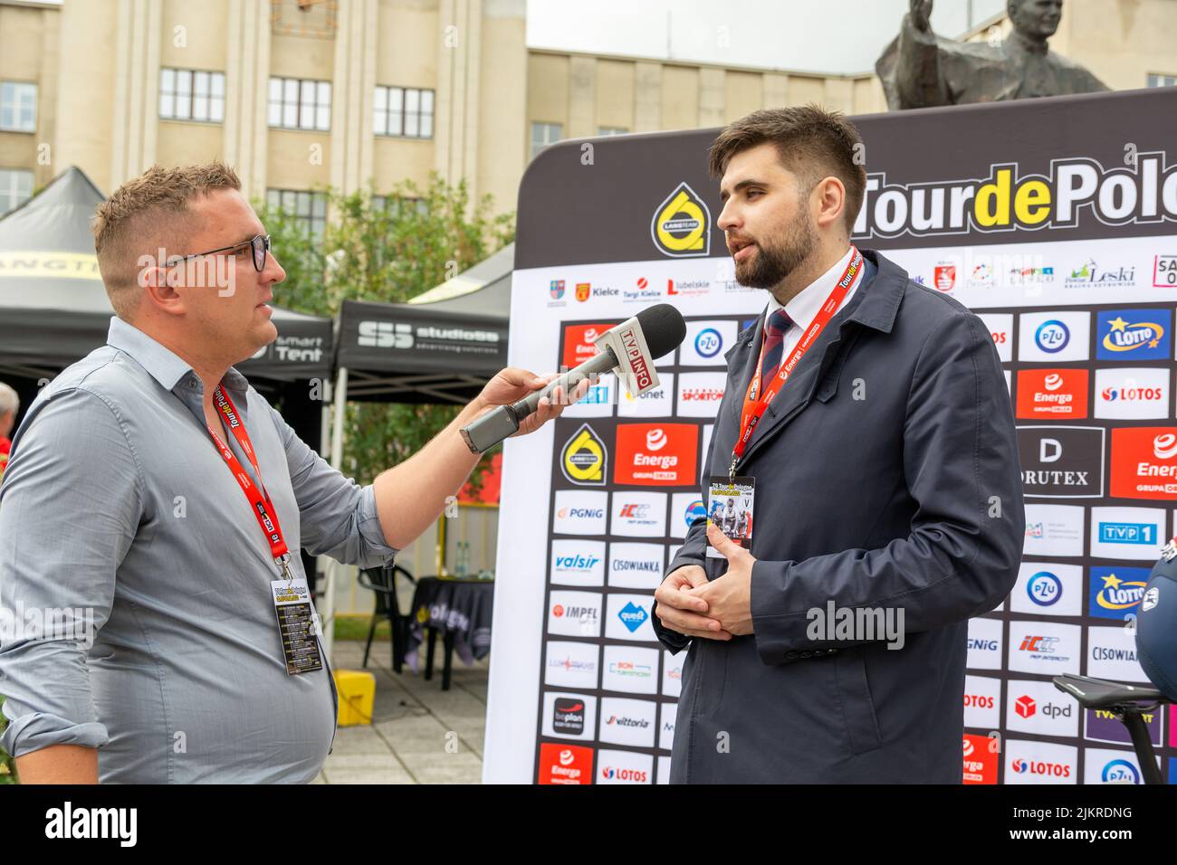 Chelm, Lubelskie, Poland - July 31, 2022: 79 tour de Pologne, The mayor of the city of Chełm, Jakub Banaszek gives an interview to the TVP info statio Stock Photo