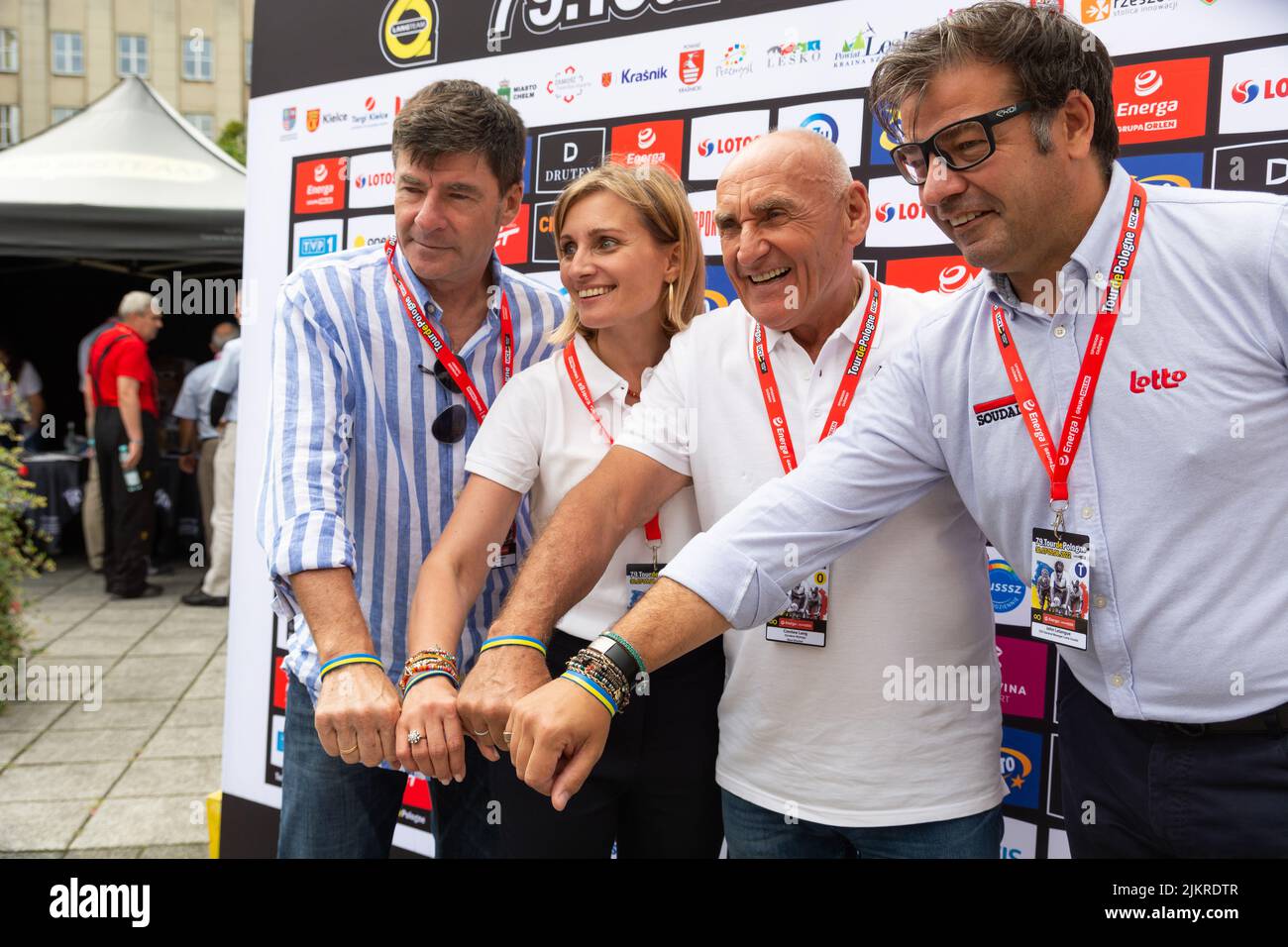 Chelm, Lubelskie, Poland - July 31, 2022: 79 tour de Pologne, President CPA Gianni Bugno with Vice President Agata Lang, Race Director Czeslaw Lang an Stock Photo