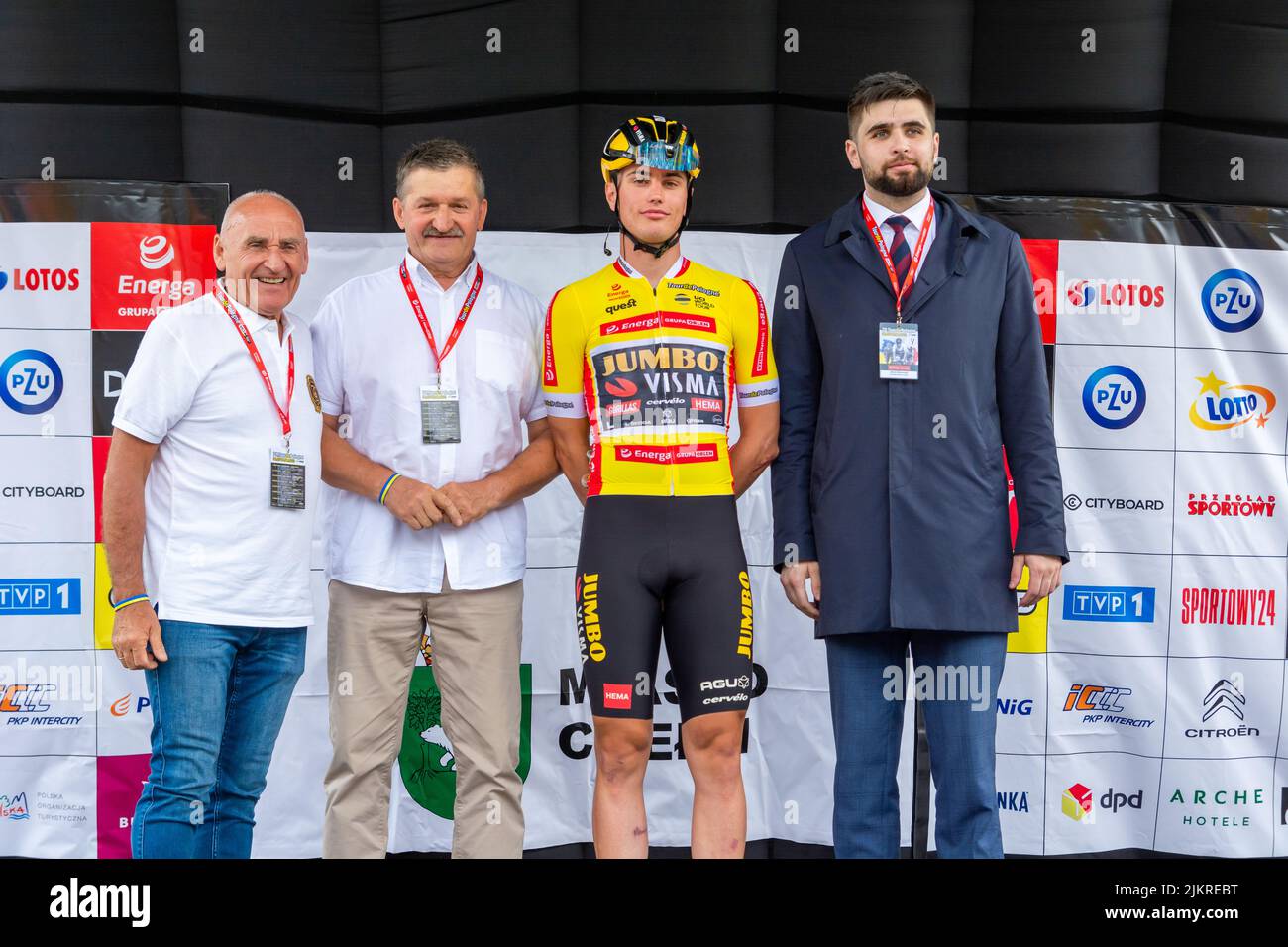 Chelm, Lubelskie, Poland - July 31, 2022: 79 tour de Pologne, Race Director Czeslaw Lang from the Councilor of the Lubelskie Voivodeship Zdzislaw Szwe Stock Photo
