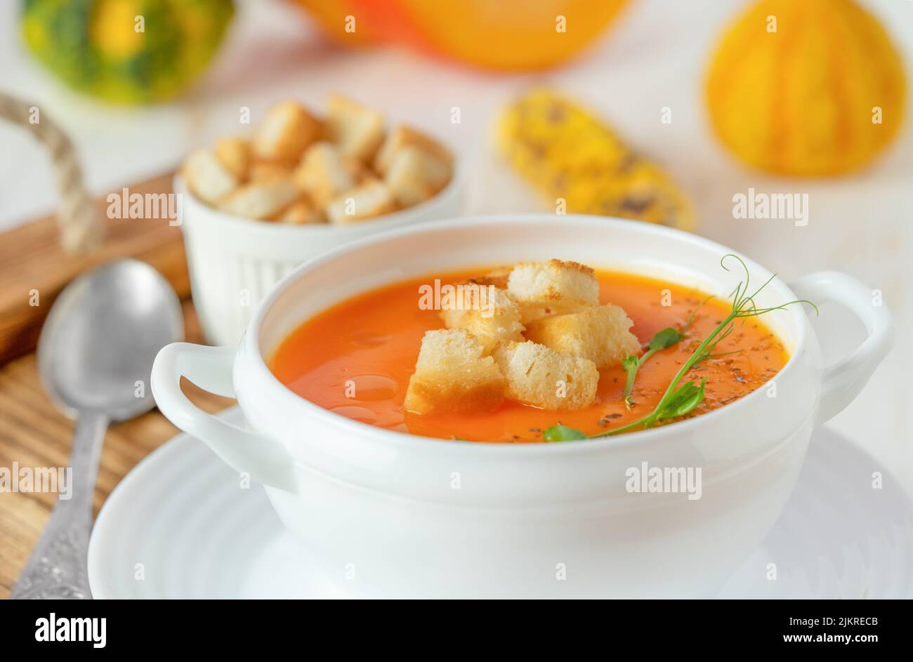 Pumpkin soup with croutons. Close up Stock Photo