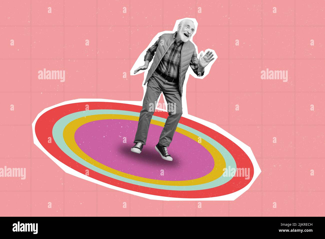 Collage photo bright sketch of senior retired old man dancing on colored circles dance floor have fun isolated on pink color background Stock Photo