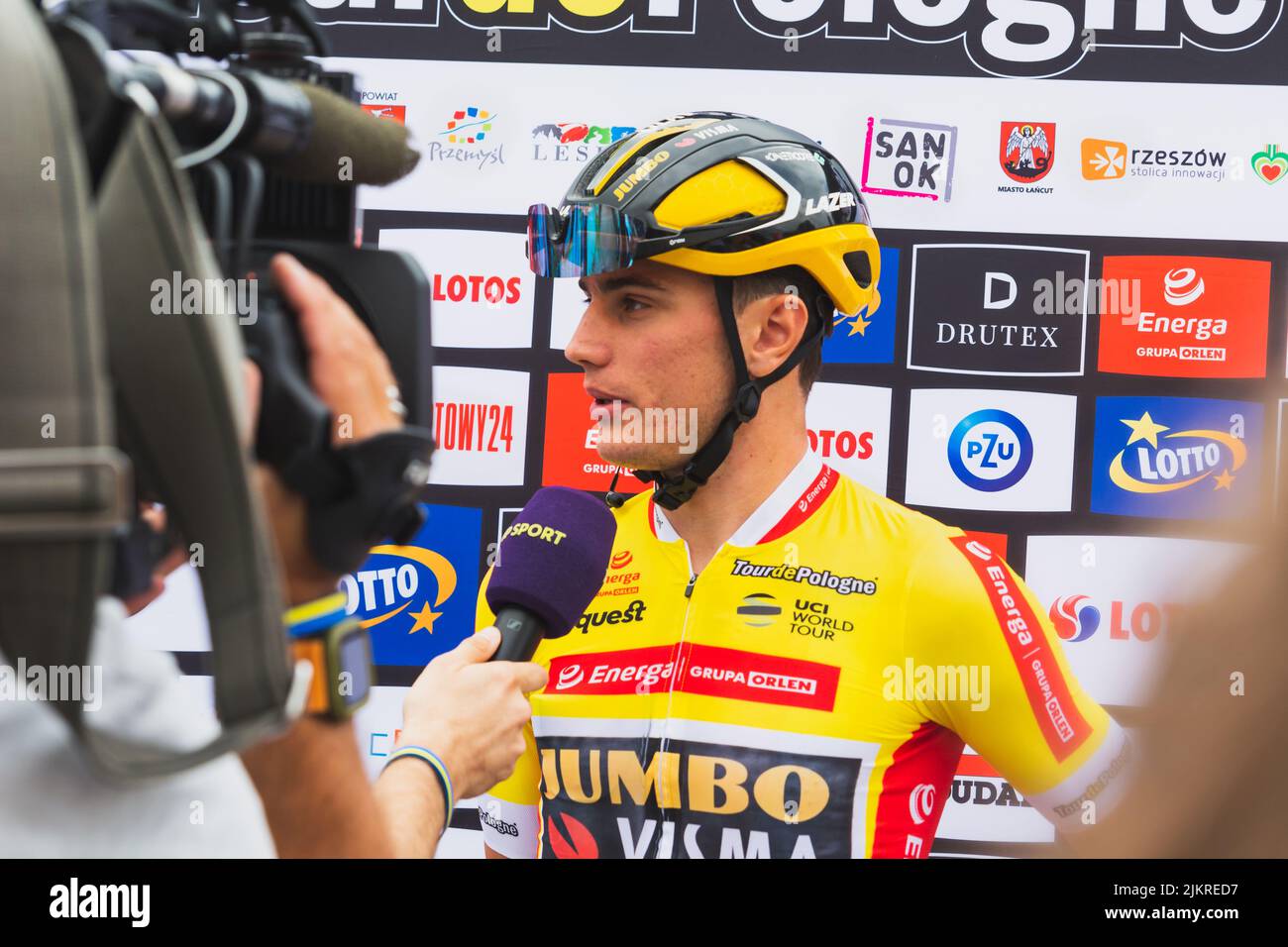 Chelm, Lubelskie, Poland - July 31, 2022: 79 tour de Pologne, Cyclist Olav Kooij giving an interview to Tvp Sport Stock Photo