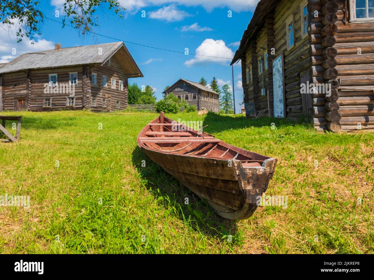 boat in village of Oshevensky Pogost is located in the Kargopol district of the Arkhangelsk region on Churega river. Stock Photo