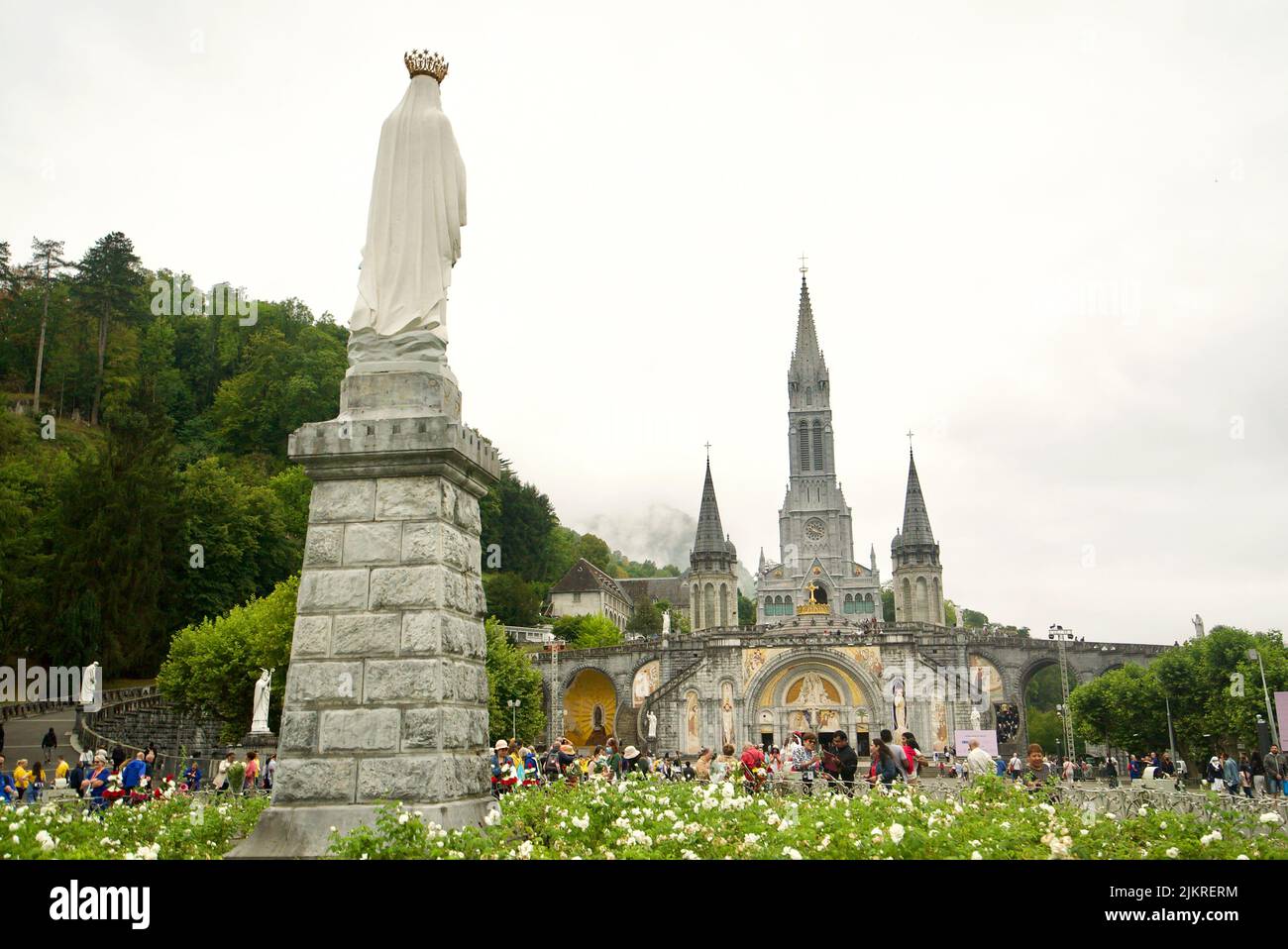 Sanctuaires Notre-Dame de Lourdes, a Catholic pilgrimage site in the South of France. The Sanctuary of Our Lady of Lourdes. Church. Cathedral. Shrine. Stock Photo