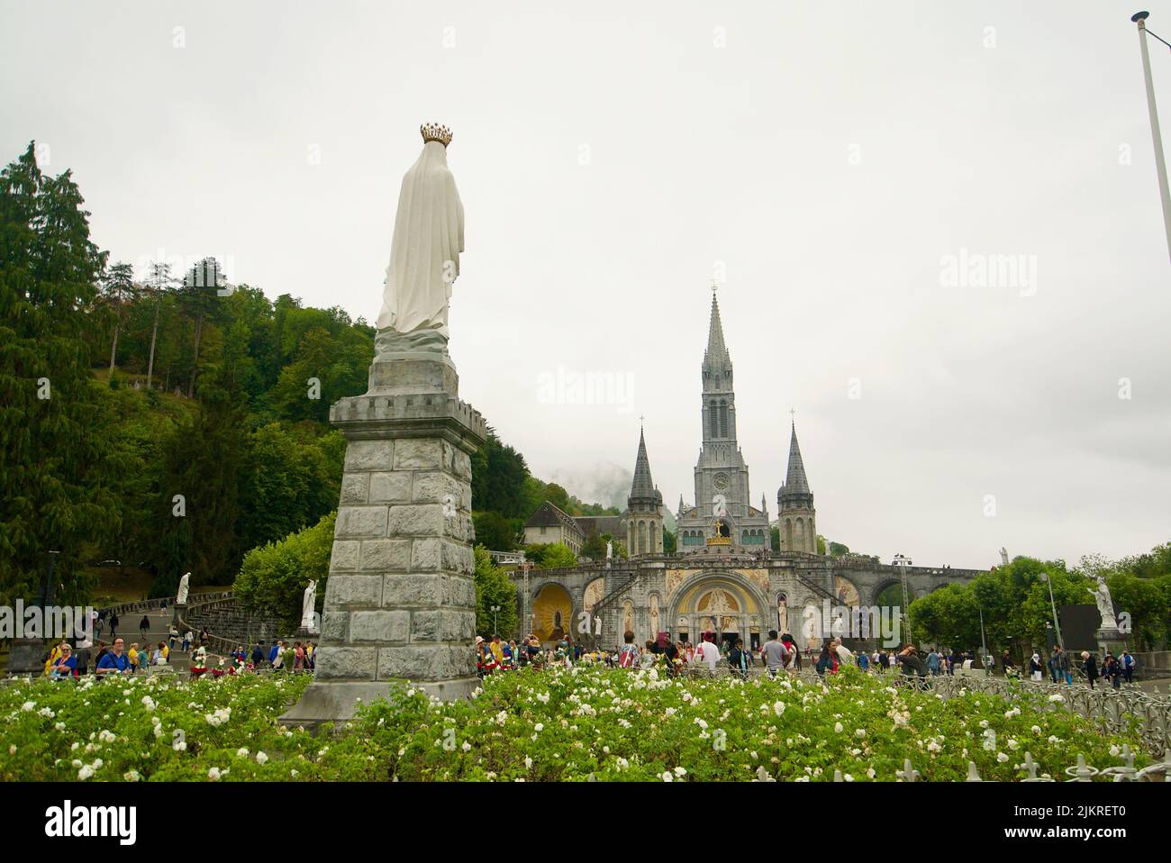 Sanctuaires Notre-Dame de Lourdes, a Catholic pilgrimage site in the South of France. The Sanctuary of Our Lady of Lourdes. Church. Cathedral. Shrine. Stock Photo