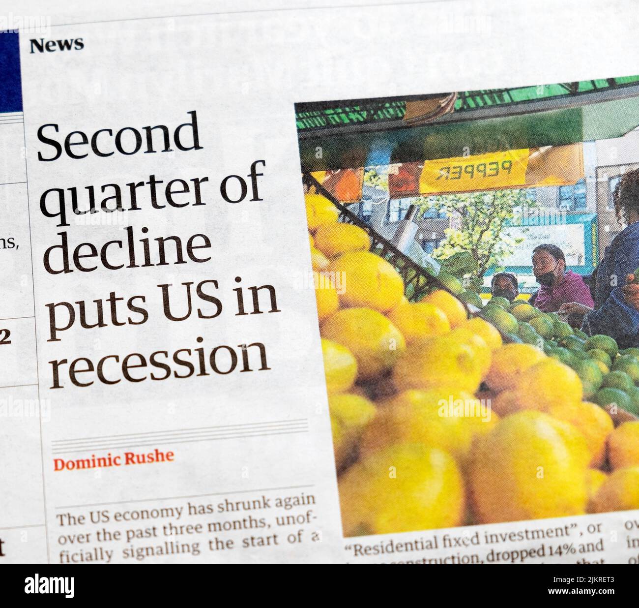 'Second quarter of decline puts US in recession' Guardian newspaper headline financial business news American economy 29 July 2022 London England UK Stock Photo