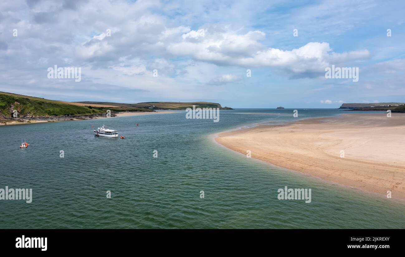 elevated view of the camel estuary at padstow cornwall with pleasure boat no people Stock Photo