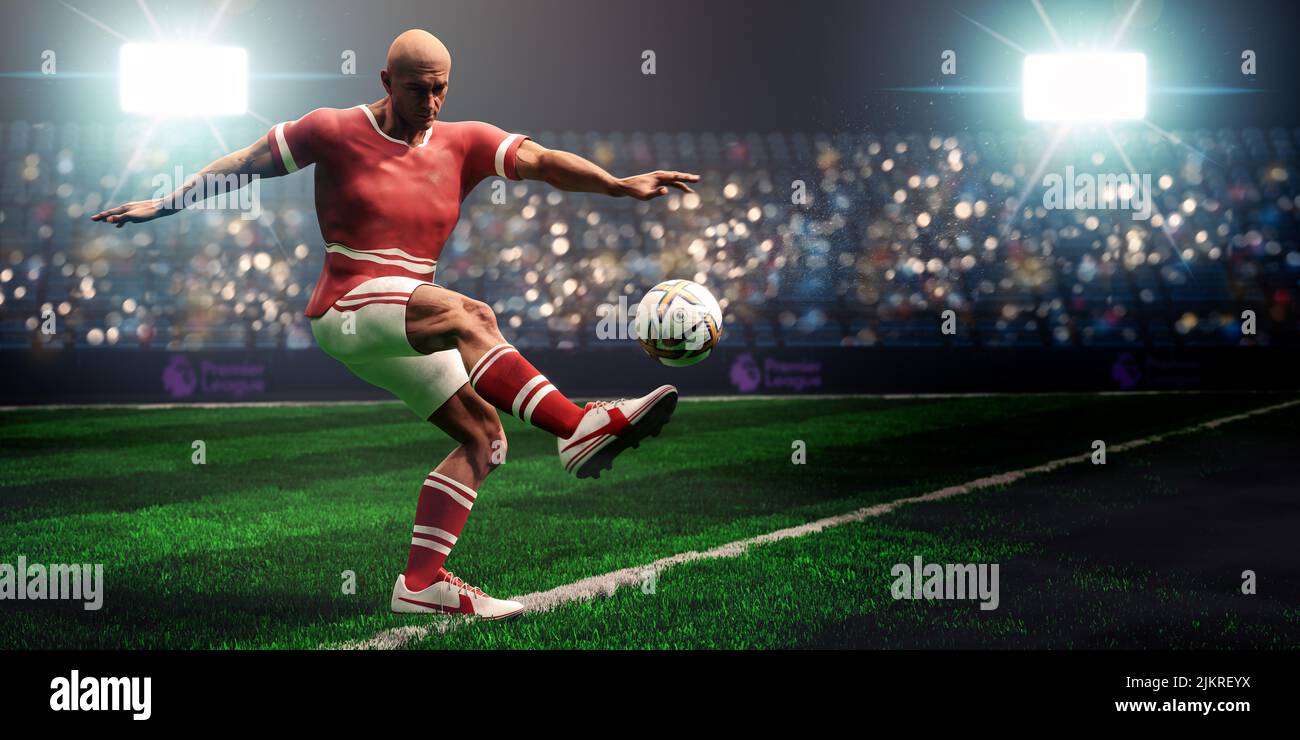 Guilherand-Granges, France - August 03, 2022. Premier League of England. Soccer player shoots the ball with official logo of the Premier League. 3D re Stock Photo