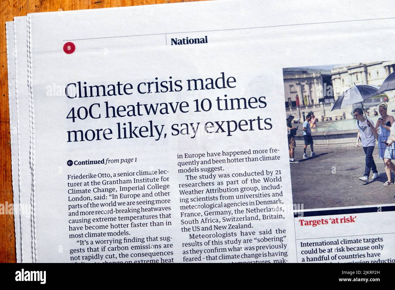 'Climate crisis made 40C heatwave 10 times more likely, say experts' Guardian newspaper headline global warming article 29 April 2022 London UK Stock Photo