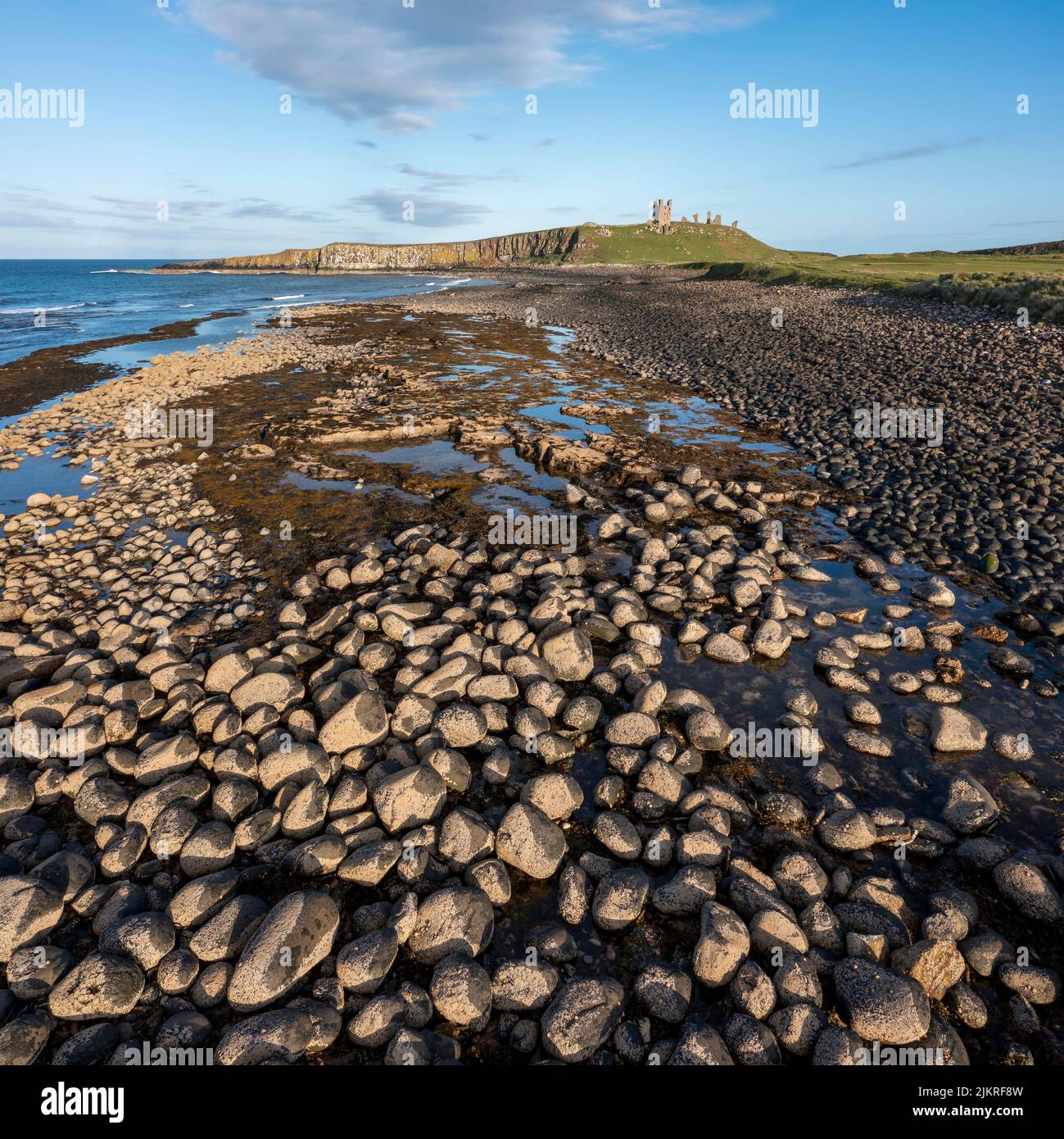 Dunstanburgh Castle from the north in evening light elevated view Stock Photo