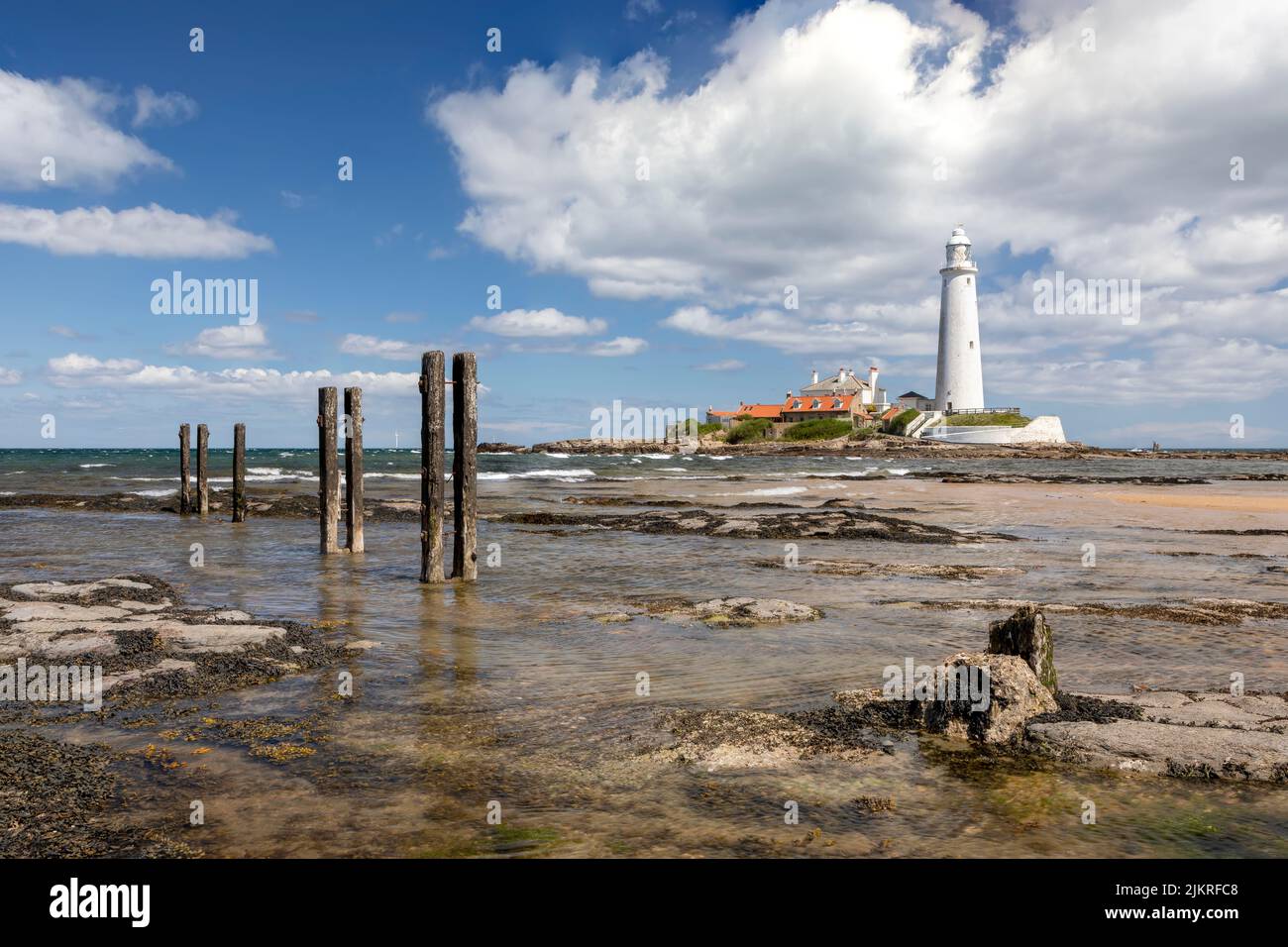st marys lighthouse near whitley bay approaching high tide daytime no people Stock Photo