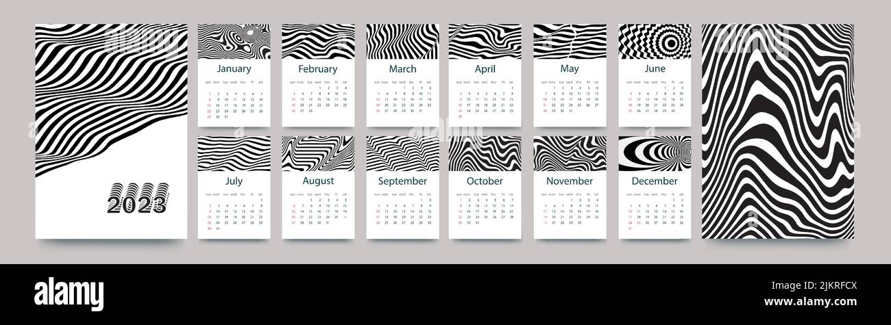 Calendar template for 2023. Vertical design with black and white lines