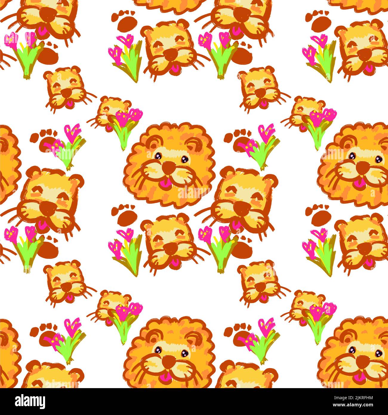 Isolated cute lion family seamless pattern on white background, cute animal pattern with hand-drawn, cartoon of lion family. Stock Photo