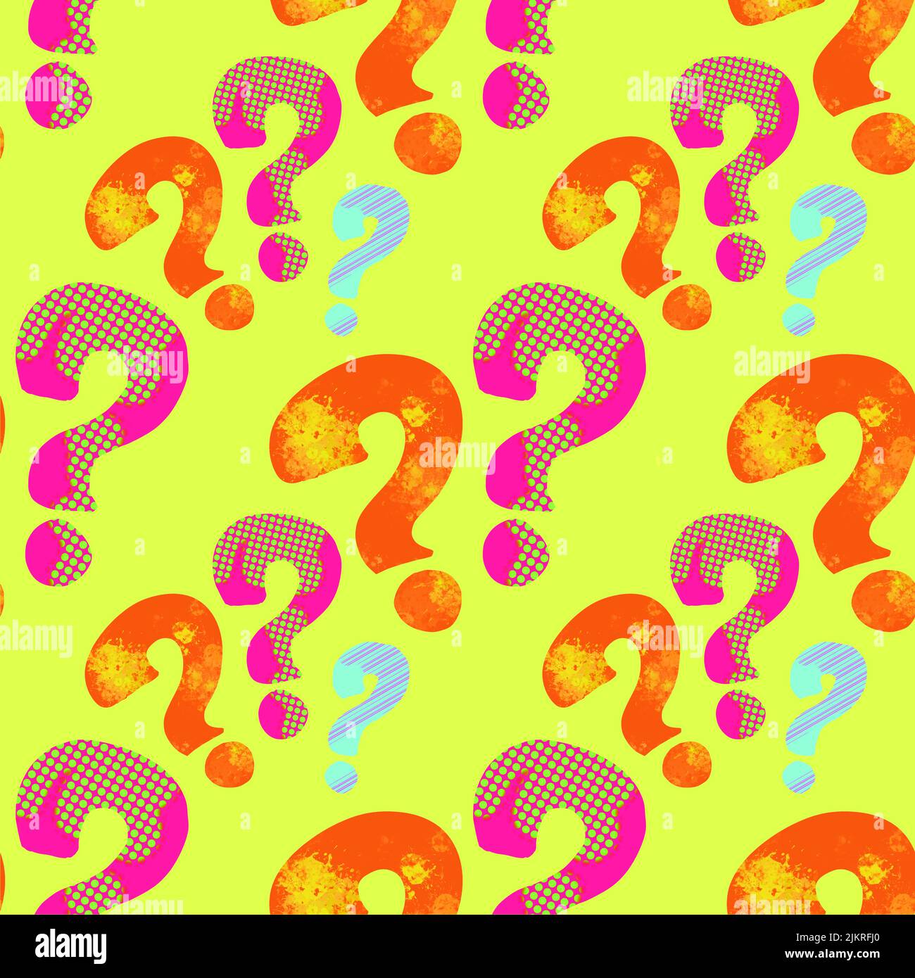 Question marks seamless pattern, multi-color design of question marks pattern, hand-drawn, modern style pattern. Stock Photo