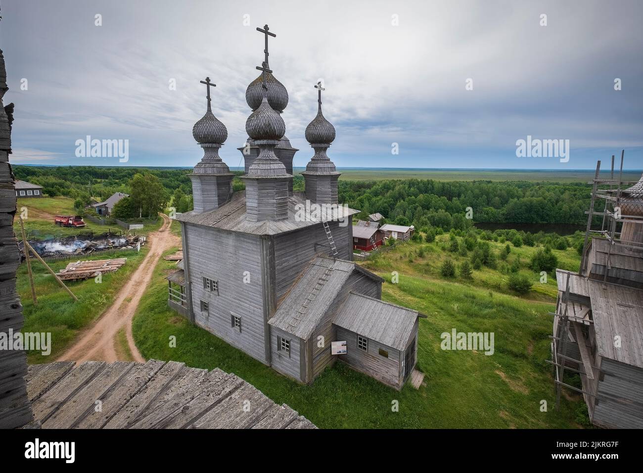 St. Nicholas Church in the village Vorzogory in Onega area of Arkhangelsk region in Russia, view from the bell tower Stock Photo