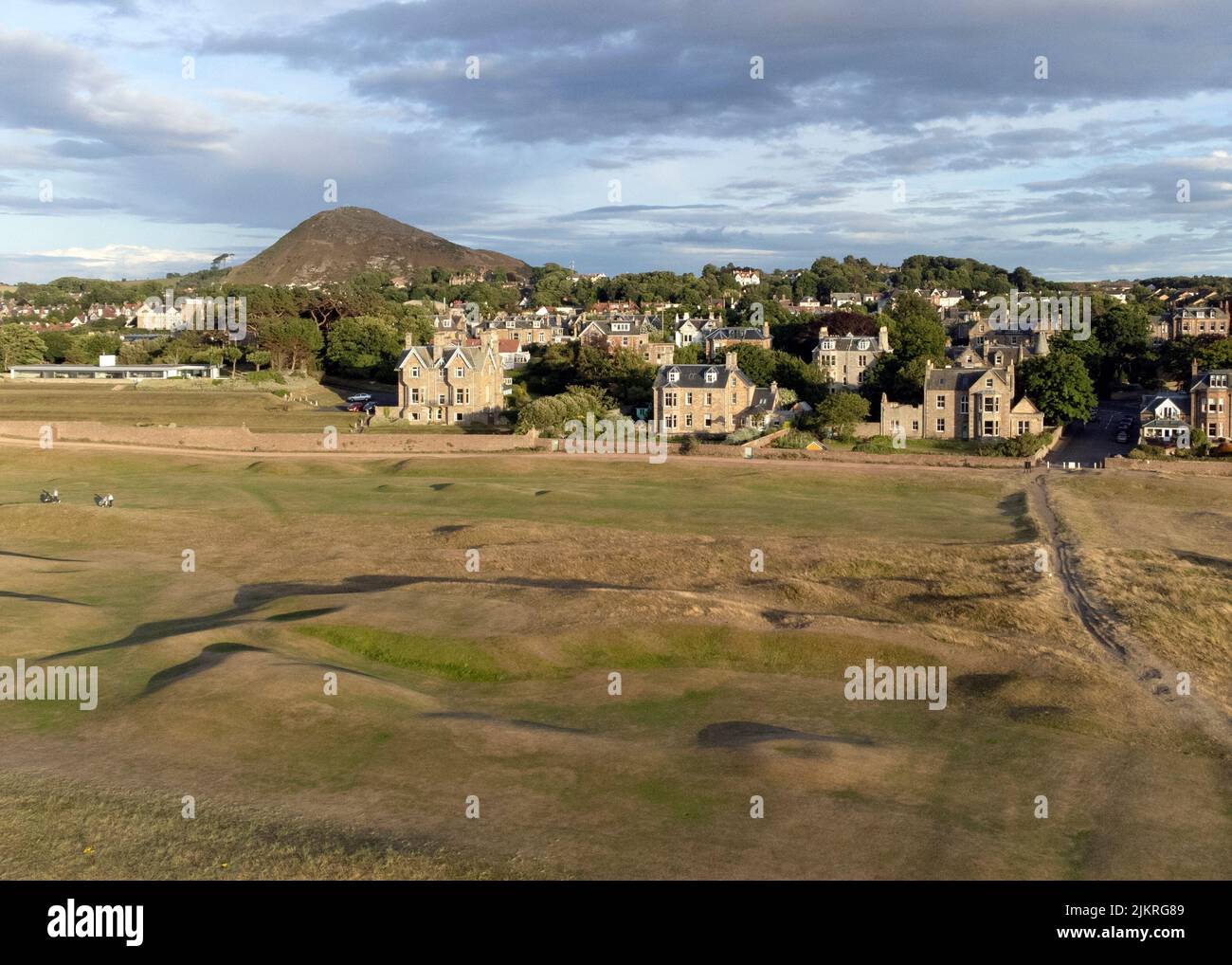 A high shot of part of the West Links golf course, North Berwick, East Lothian. Scotland, UK - Berwick Law is in the background. Stock Photo