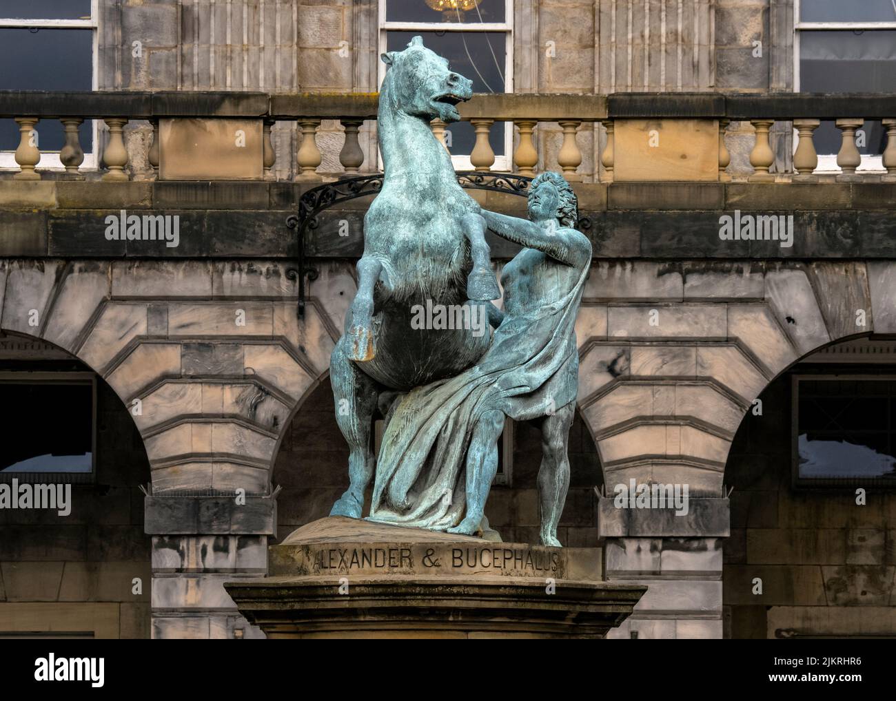 Statue of Alexander and Bucephalus, by John Steell, outside the City Chambers, Edinburgh, Scotland, UK. Stock Photo