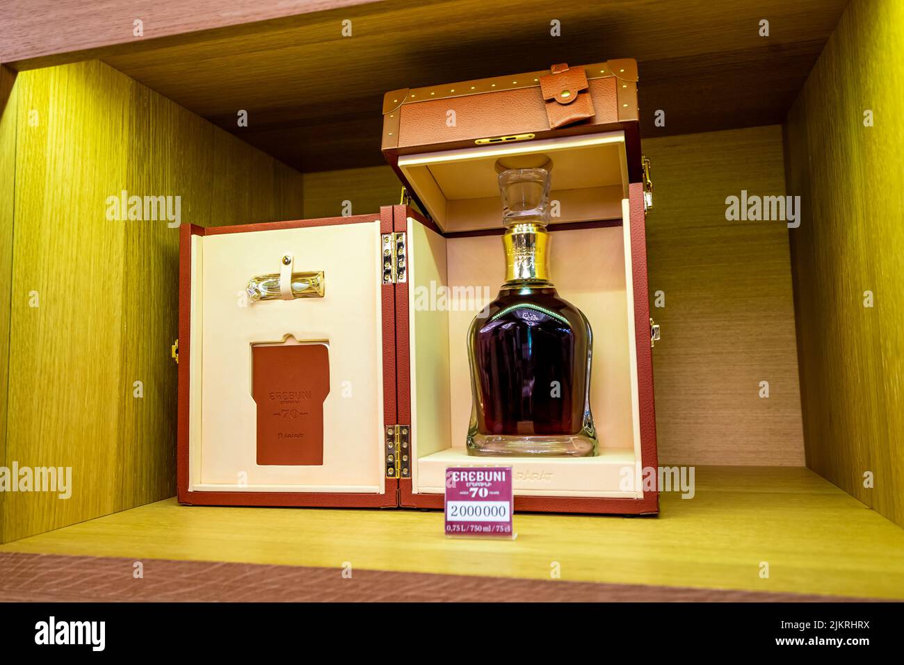 Yerevan, Armenia – May 17, 2022: Ararat alcoholic drinks  stand. Ararat is a brand of Armenian brandy produced by Yerevan Brandy Company since 1887 Stock Photo