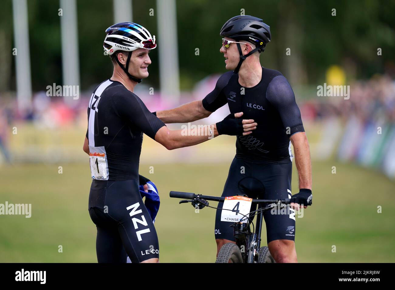 New Zealand's Samuel Gaze (left) wins gold and Samuel Gazetakes silver in Men's Cross-country final at Cannock Chase on day six of the 2022 Commonwealth Games. Picture date: Wednesday August 3, 2022. Stock Photo