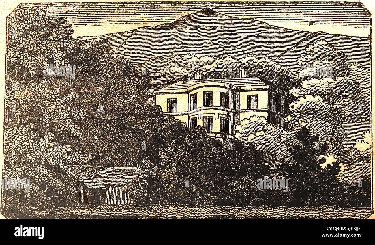 An early woodcut engraving, believed to be of a large house in the Lake District of England Stock Photo