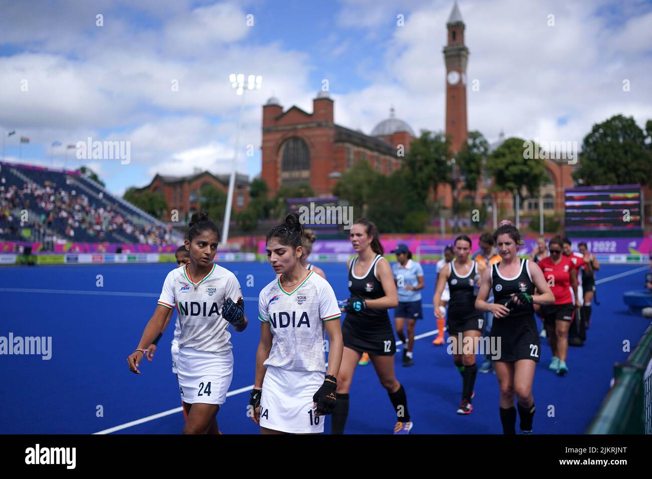 Team India players leave the pitch after their game against Canada at the University of Birmingham Hockey and Squash Centre on day six of the 2022 Commonwealth Games in Birmingham. Picture date: Wednesday August 3, 2022. Stock Photo