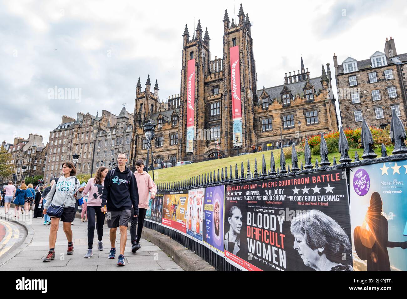 Edinburgh, Scotland, United Kingdom, 3rd August 2022. Edinburgh Festivals: Posters for the Edinburgh festival fringe shows in their usual place on the railings on The Mound Stock Photo