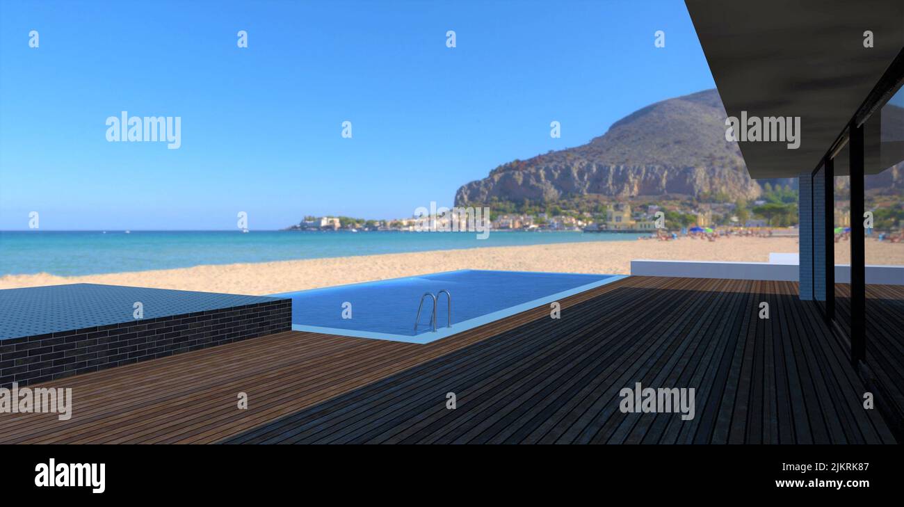 Wooden terrace overlooking the wonderful ocean bay. The pool opens directly onto the sandy beach. 3d render. Stock Photo