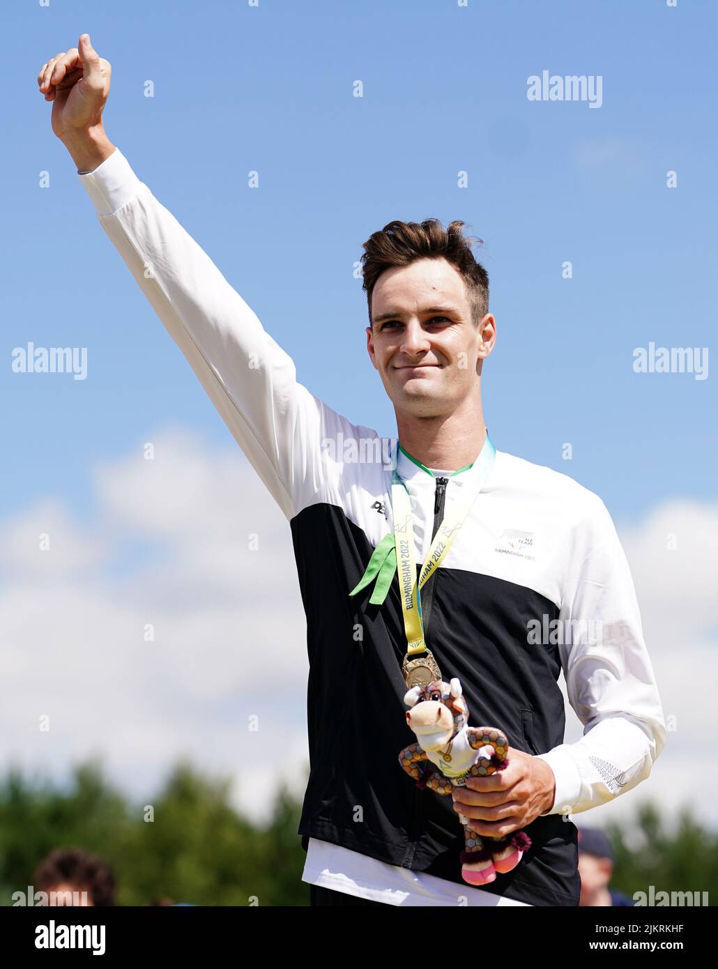 New Zealand's Samuel Gaze on the podium with his gold medal after winning the Men's Cross-country final at Cannock Chase on day six of the 2022 Commonwealth Games. Picture date: Wednesday August 3, 2022. Stock Photo