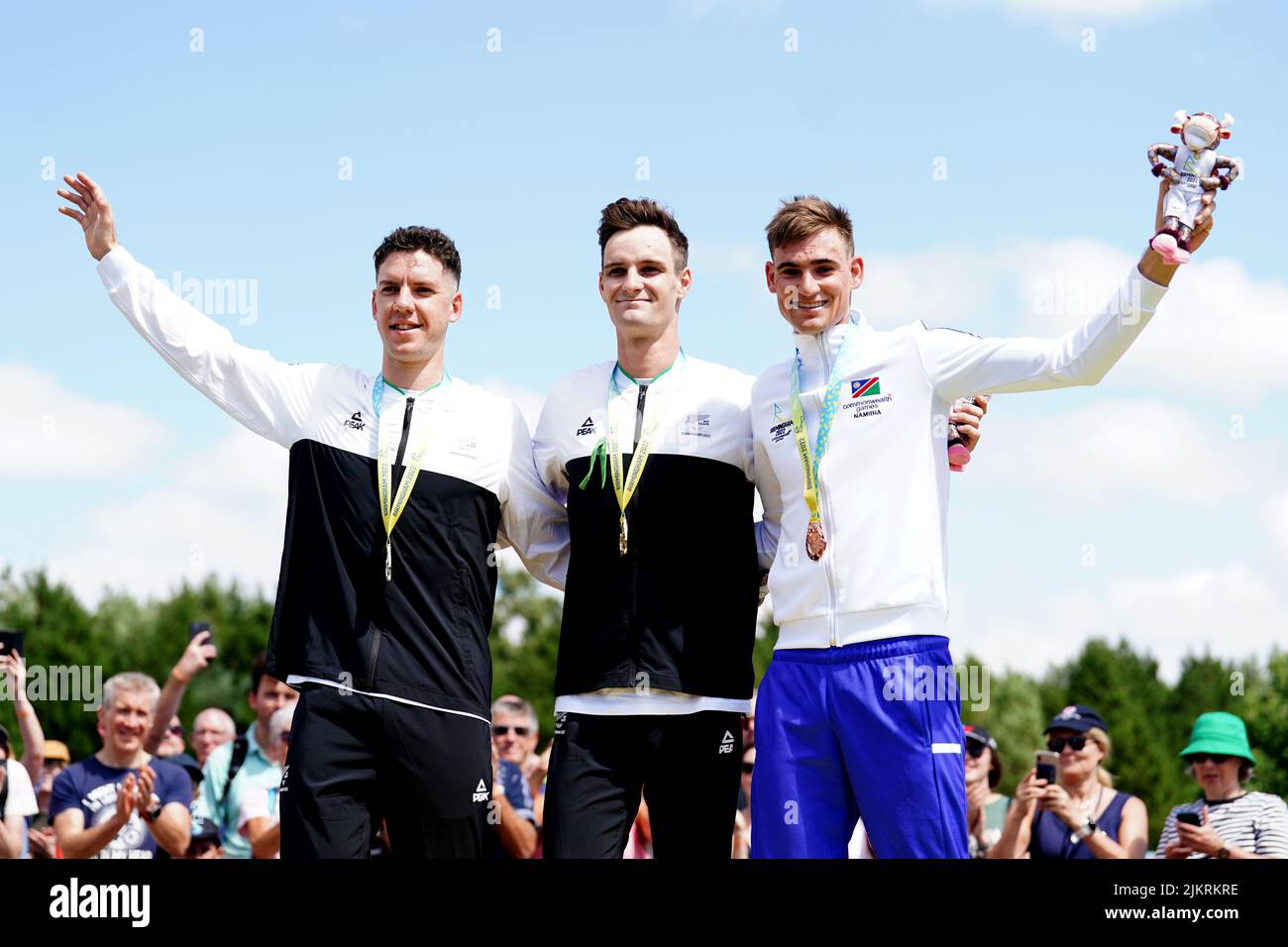 (Left to right) New Zealand's Ben Oilver with his silver medal, Samuel Gaze with his gold medal and Namibia's Alexander Miller with his bronze medal after the Men's Cross-country final at Cannock Chase on day six of the 2022 Commonwealth Games. Picture date: Wednesday August 3, 2022. Stock Photo