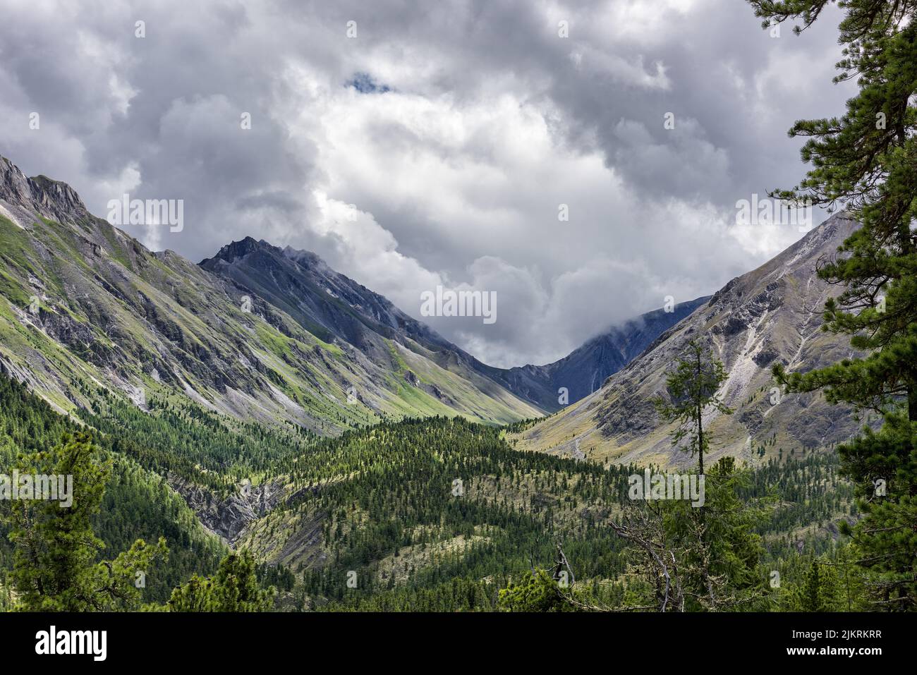 Overcast over the mountain valley. The edge of the mountain taiga. Eastern Sayan. Buryatia Stock Photo