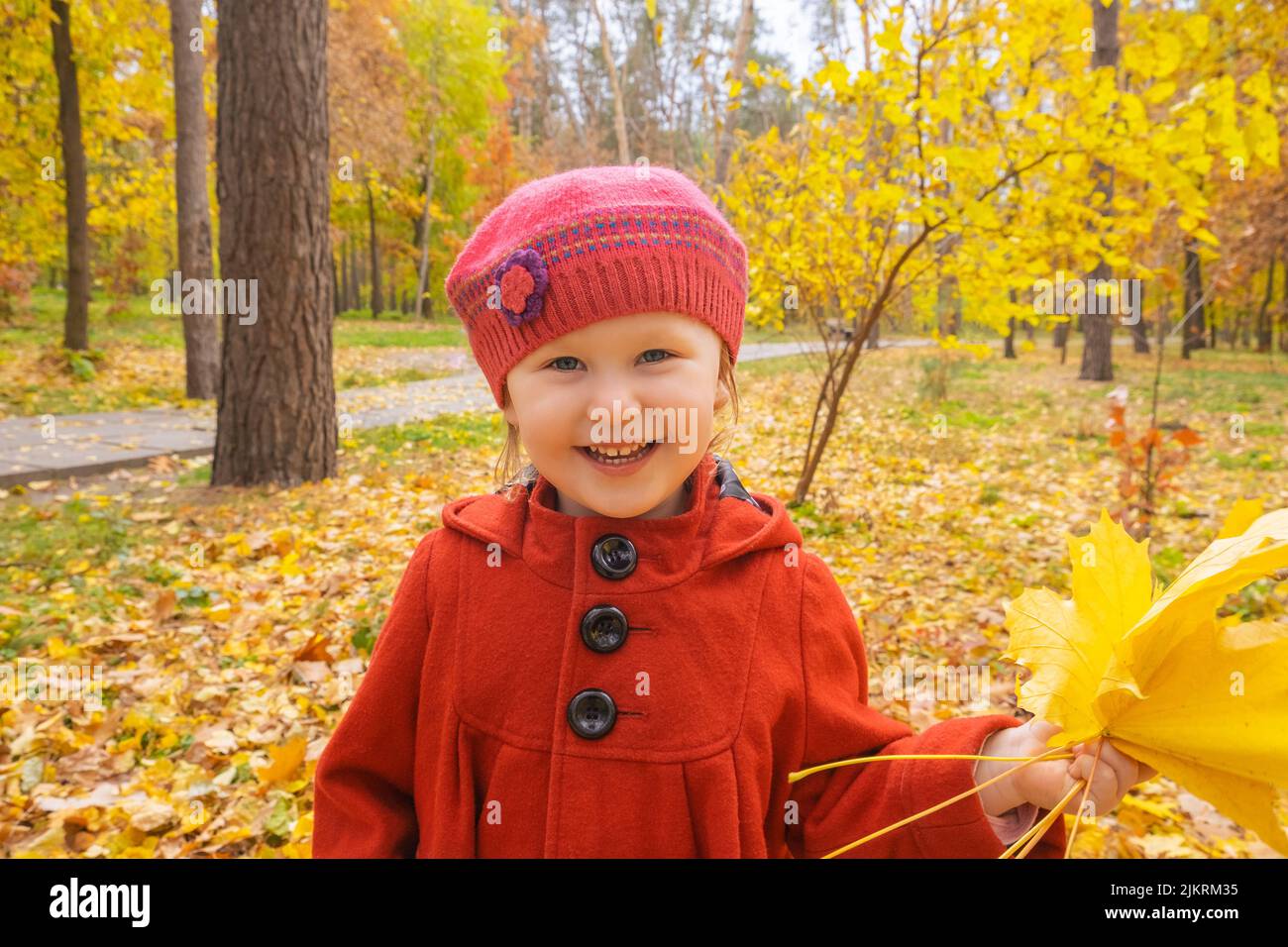 A happy little girl in a red coat play in the autumn park and holding a ...