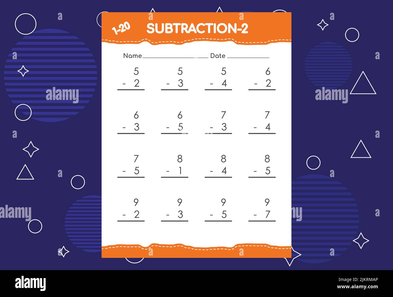 Subtraction worksheet for kids. Educational math activities worksheet for children Stock Vector