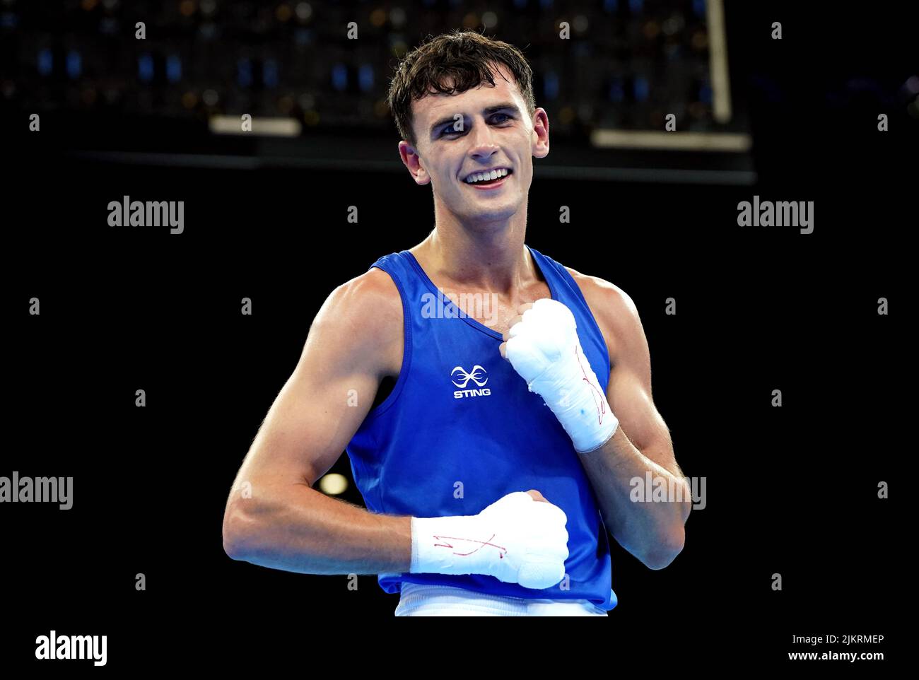 Scotland's Resse Lynch celebrates victory over Namibia's Jonas Junias Jonas following the Men's Over 60kg-63.5kg (Light Welter) - Quarter-Final 1 at The NEC on day six of the 2022 Commonwealth Games in Birmingham. Picture date: Wednesday August 3, 2022. Stock Photo